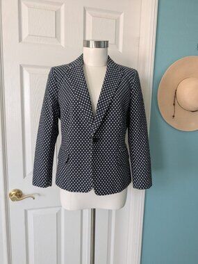Ann Taylor Jacket Womens Size 12P Blue White Polka Dot 1 Button Preppy Designer